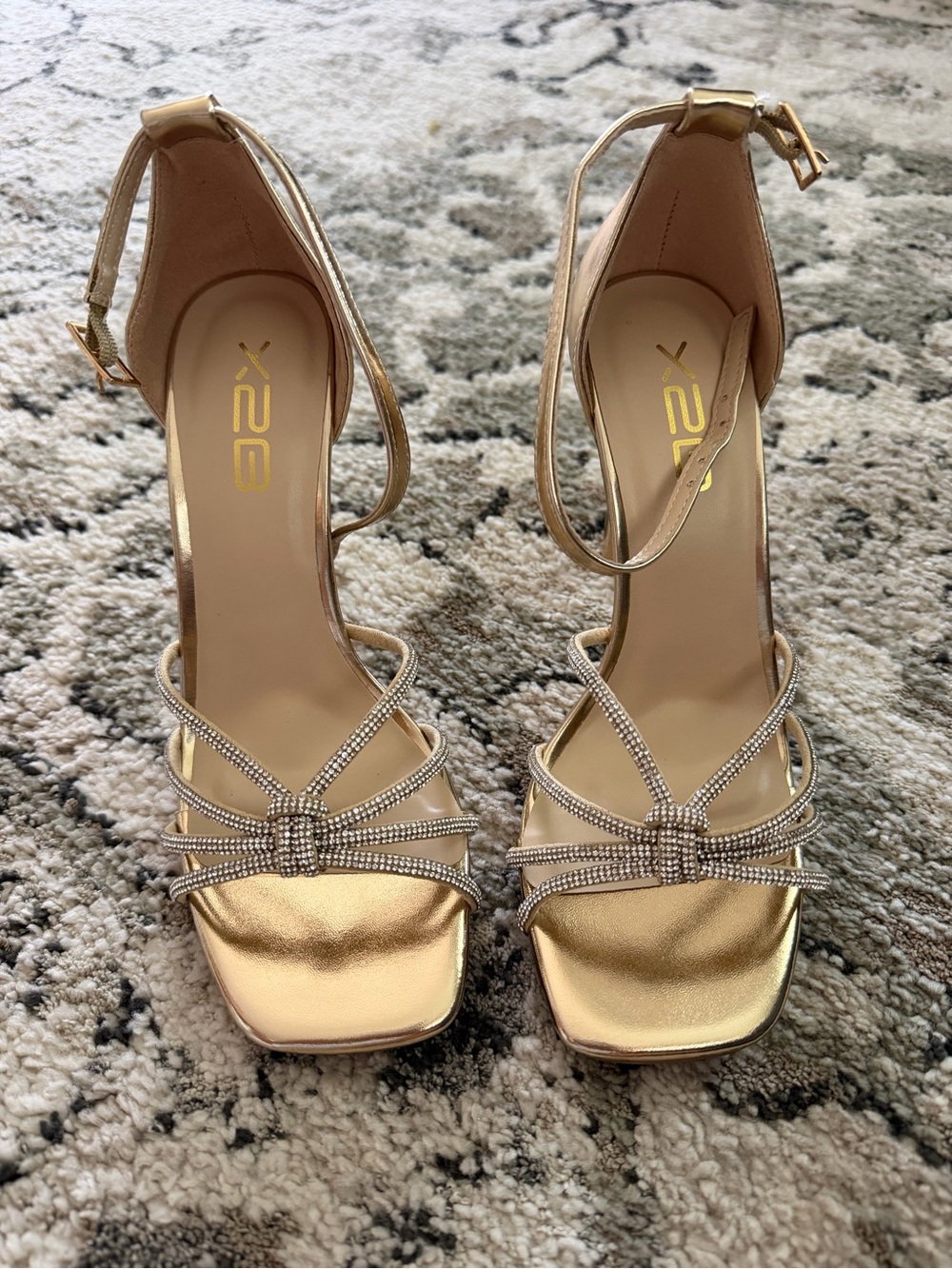 X2 Metallic Gold Rhinestone-Strap Ankle Strap Heels